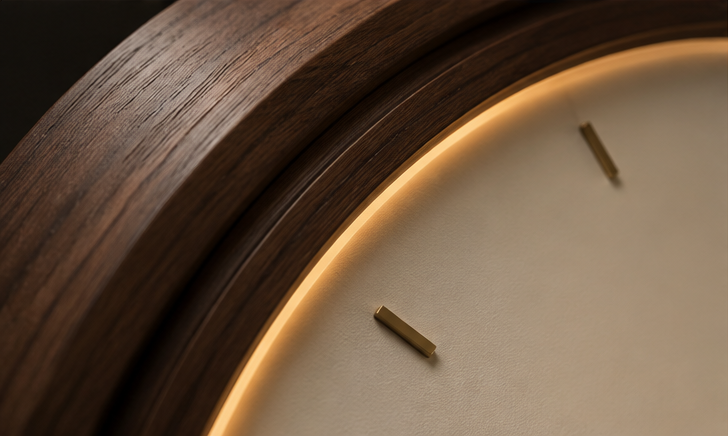 Close-up of the clock's walnut bezel and the warm light ring along its inner edge