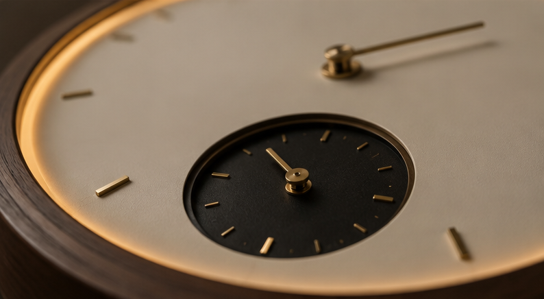 Close-up of the black second time-zone sub-dial with brass hands